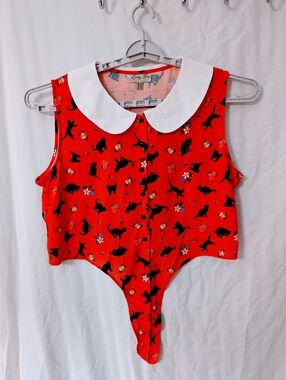 Modcloth Lindy Bop Red Orange Tie Front Crop Black Cat Peter Pan Collar 16 1x XL